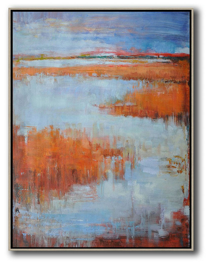 Oversized Abstract Landscape Painting,Extra Large Canvas Art,Handmade Acrylic Painting,Blue,Orange,Grey